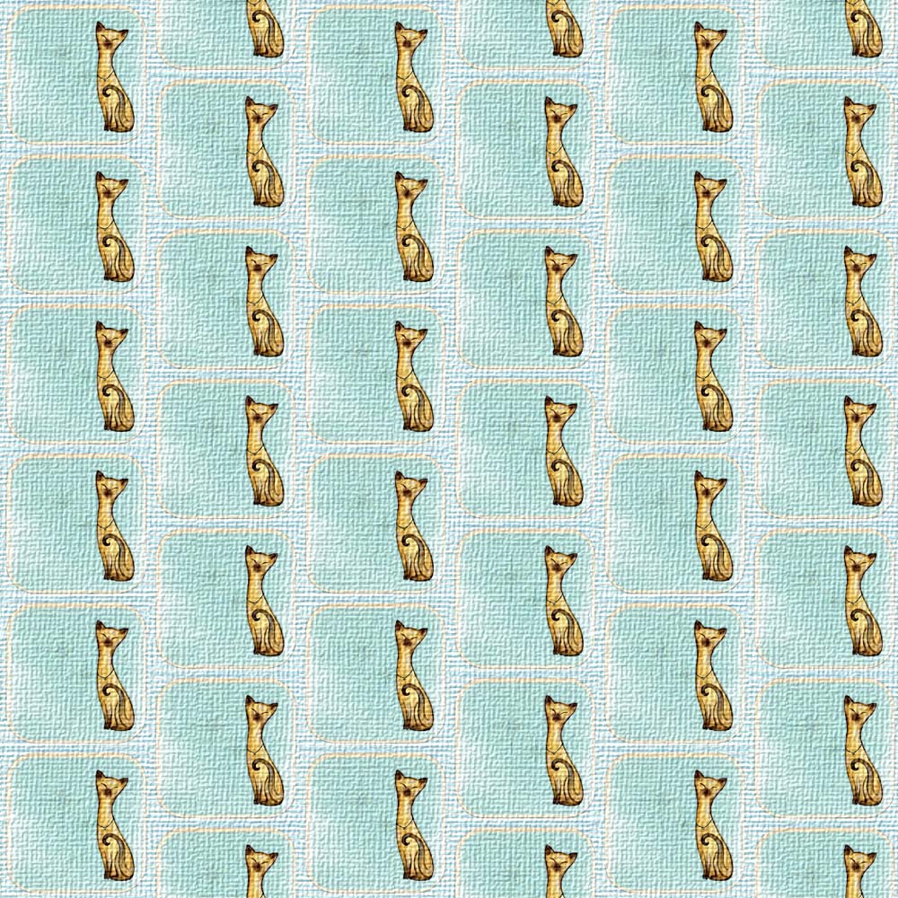 A repeating pattern of small tan-and-black cat illustrations arranged in rows on a pale aqua background with thin white grid lines.