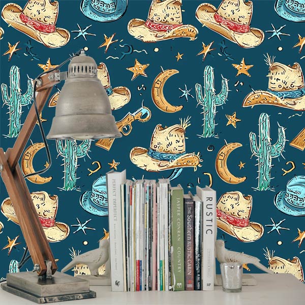 Cowboy Hat and Cacti Peel and Stick Wallpaper