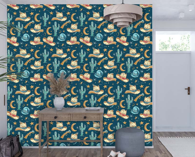 Cowboy Hat and Cacti Peel and Stick Wallpaper