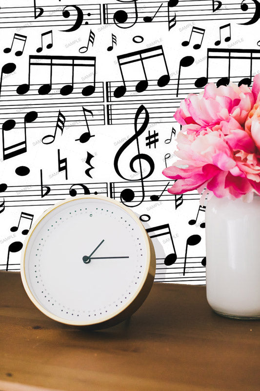 Music Notes on White Peel and Stick Wallpaper