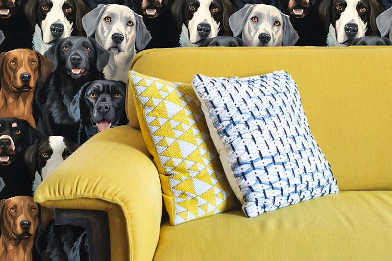 Watercolor dogs wallpaper on wall behind yellow sofa