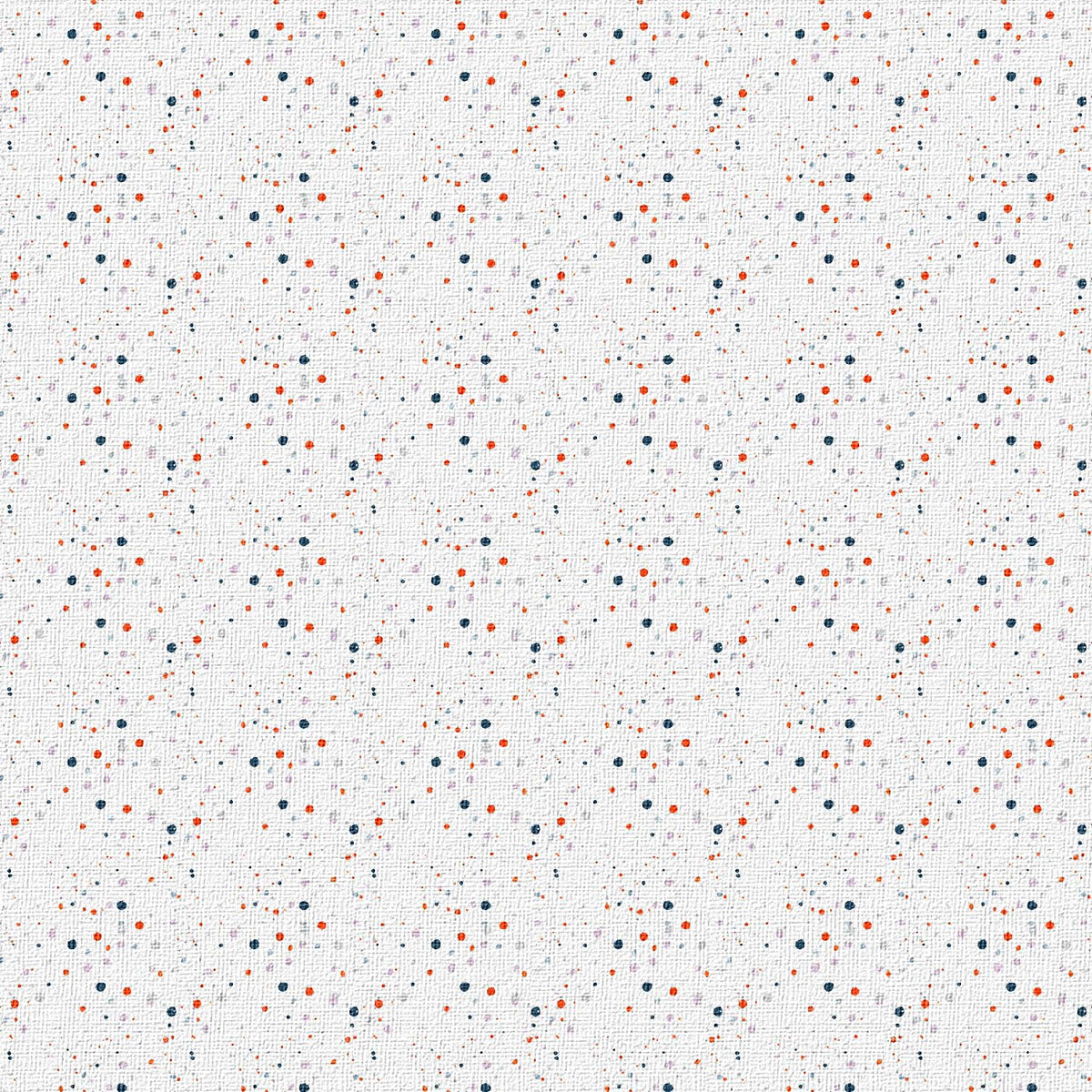 A close-up of a wallpaper pattern featuring a white textured background scattered with small orange, navy blue, and gray speckles.