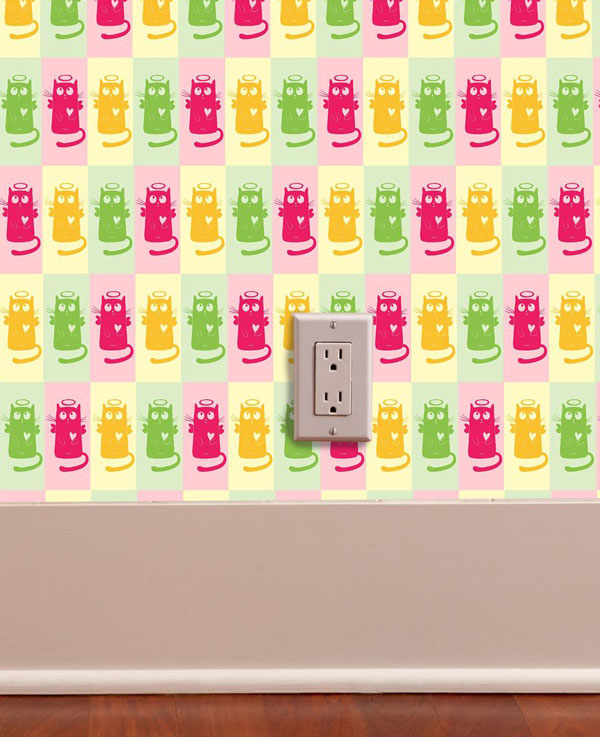 3 Color Cat Angelic Peel and Stick Wallpaper Offset Living Room