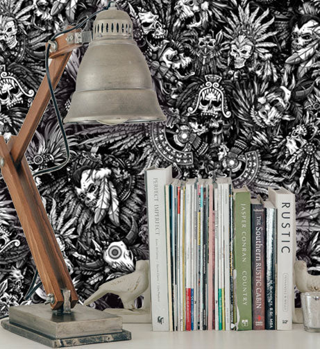 Aztec Indian Black and White Skull Peel and Stick Wallpaper bedroom
