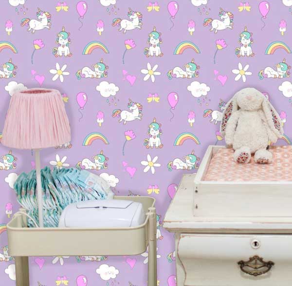 Cartoon Unicorns Rainbows & Balloons  Peel and Stick Wallpaper purple kids room