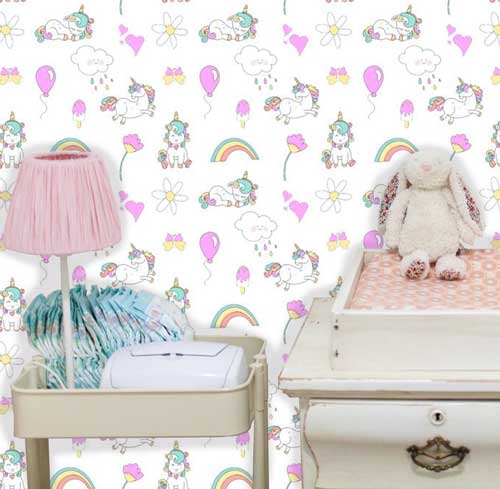 Cartoon Unicorns Rainbows & Balloons Peel and Stick Wallpaper white kids room