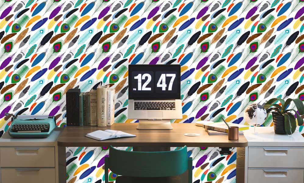 Colorful Feathers On White Peel and Stick Wallpaper