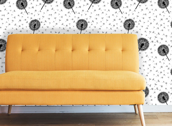 Dandelion Puffs Floral Peel and Stick Wallpaper Black and White Living room