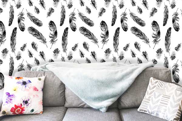 Feathers Black and White Peel and Stick Wallpaper living room