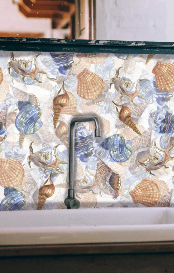 Seashells on White Peel and Stick Wallpaper bathroom
