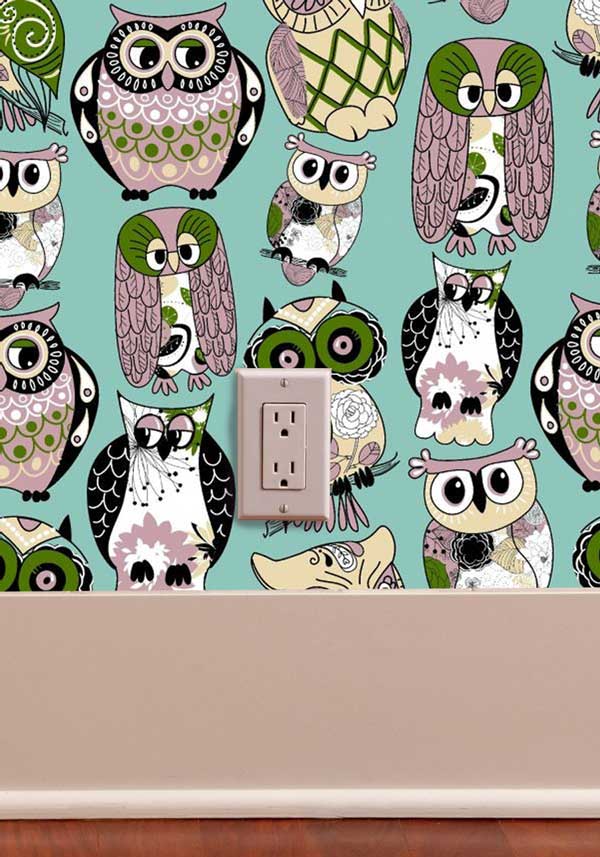 Vintage Owls Mid Century Modern Peel and Stick Wallpaper blue office