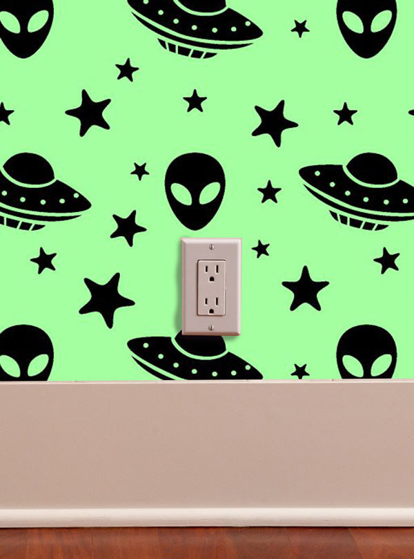 Aliens Vinyl Peel and Stick Wallpaper green and black