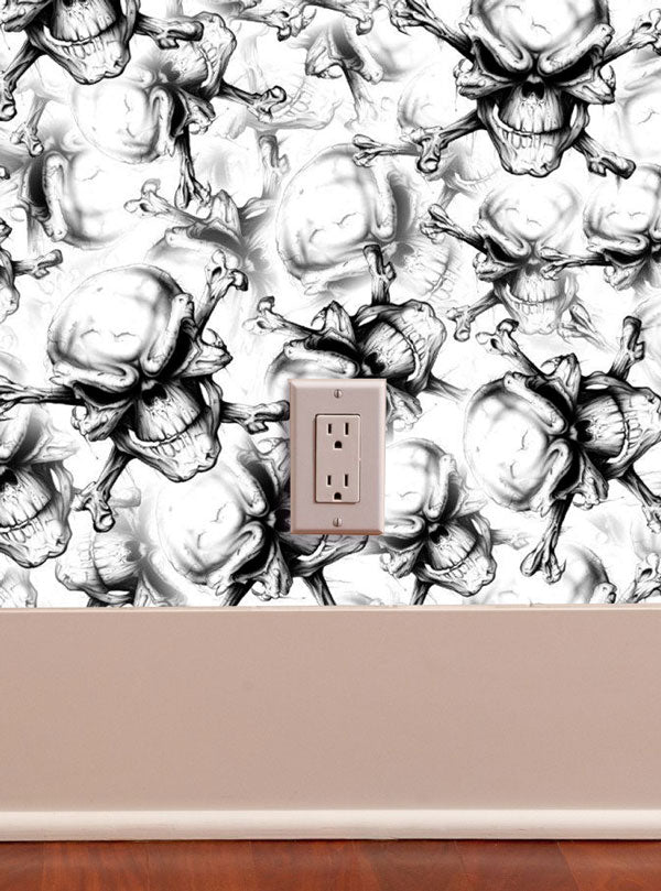 Skull & Cross Bones Black and White Peel and Stick Wallpaper white on white office