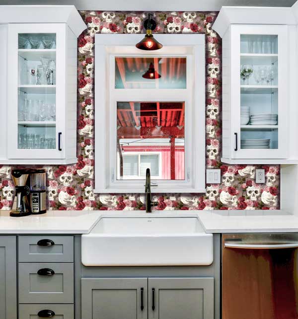 skulls and roses peel and stick wallpaper kitchen