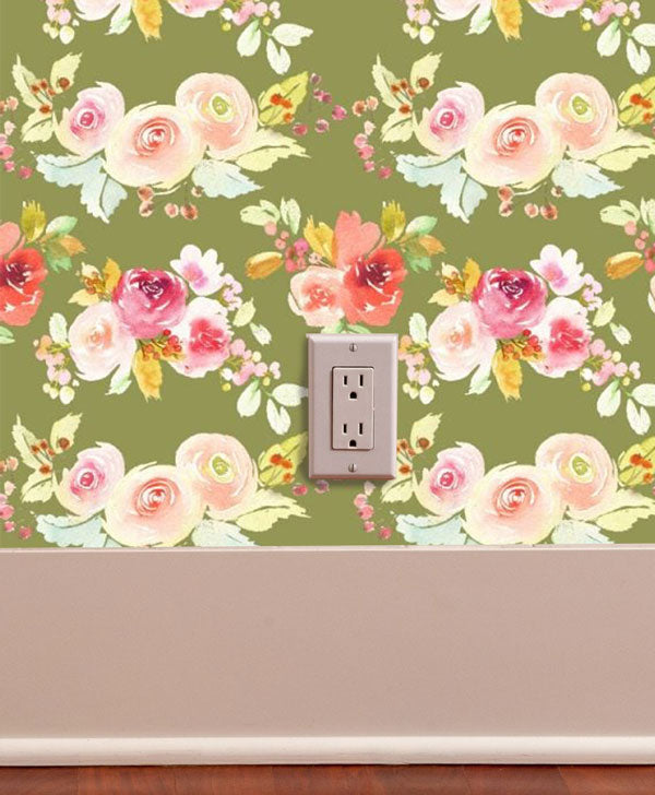 Watercolor Peonies Green Floral Peel and Stick Wallpaper living room