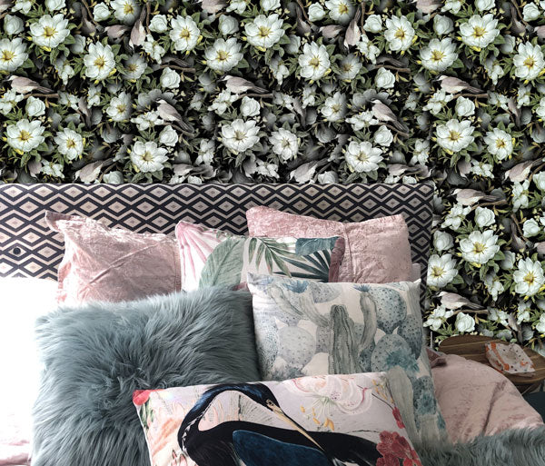 White Flowers and Sparrows Floral Peel and Stick Wallpaper-bedroom