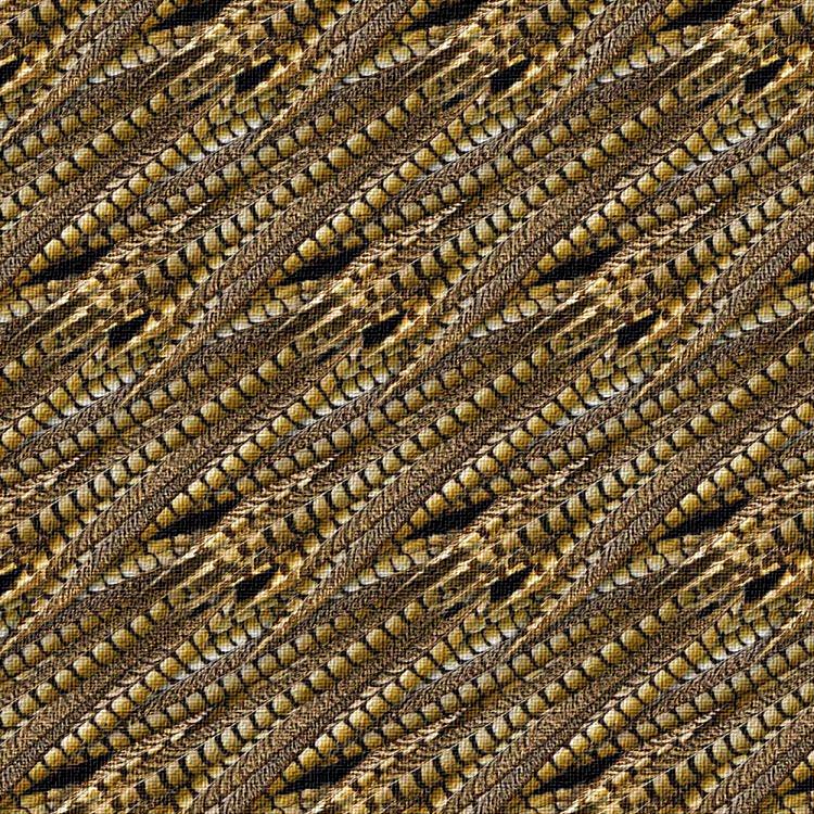 Close-up of a textured fabric with a pattern of gold and brown Pheasant Feathers