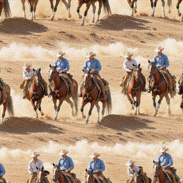 Repetition of cowboys on horseback in a desert setting