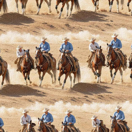 Repetition of cowboys on horseback in a desert setting