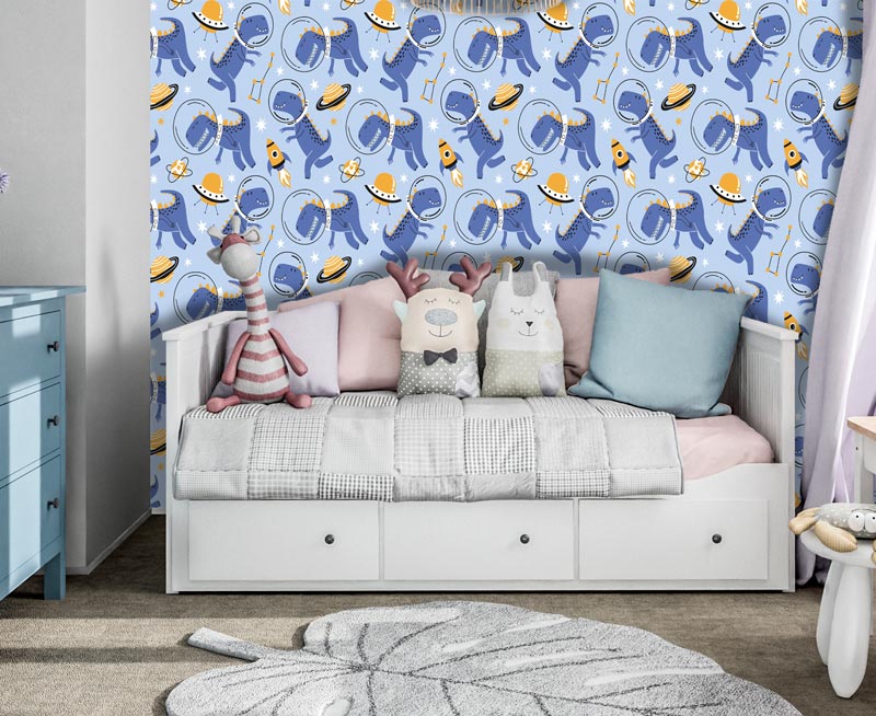 Dinosaurs In Space On Blue Peel and Stick Wallpaper