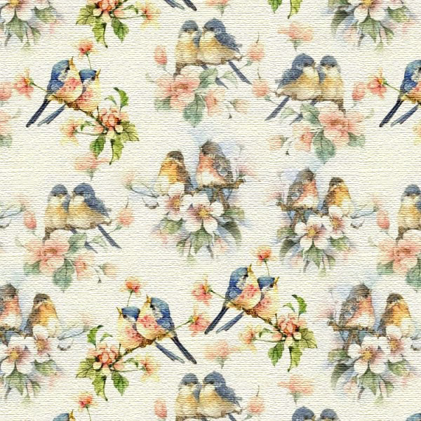 Pattern of birds and flowers on a textured wallpaper background