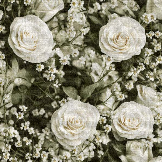 Pattern of white roses and small white flowers on a textured removable wallpaper background
