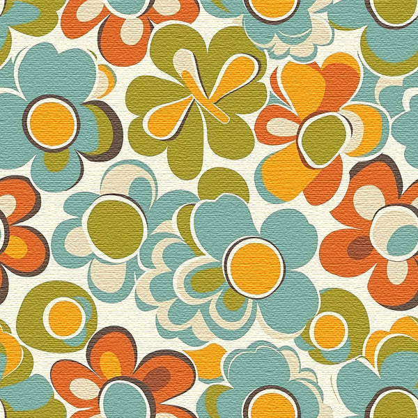 A vibrant textured mid-century modern style removable wallpaper featuring a floral pattern with prominent colors such as orange, green, and blue.