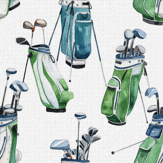 A textured peel and stick wallpaper samples featuring various golf club designs in green, blue, and white colors.