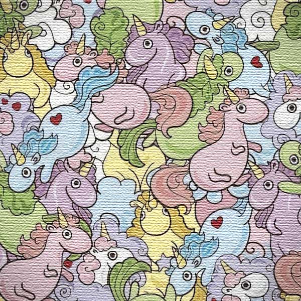 Pattern of colorful cartoon unicorns and dragons on a textured background
