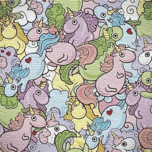 Pattern of colorful cartoon unicorns and dragons on a textured background