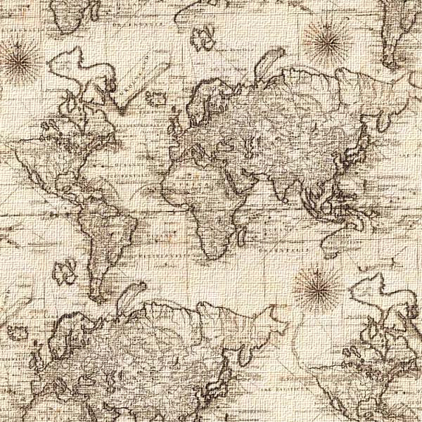 Vintage world map with intricate details on a textured beige background
