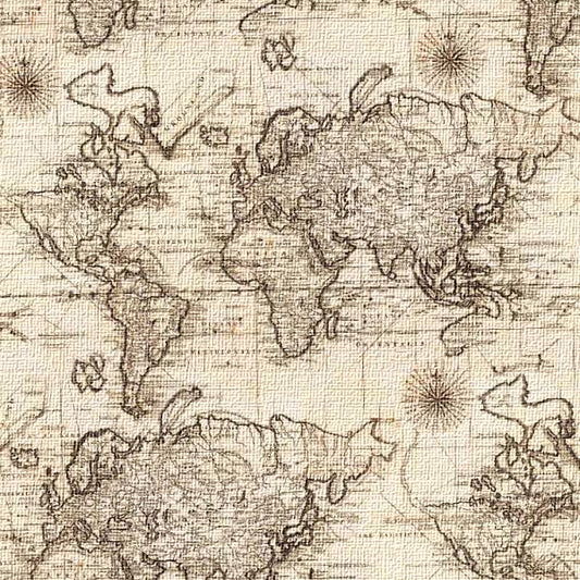 Vintage world map with intricate details on a textured beige background
