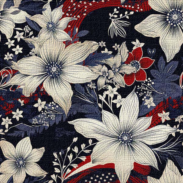 Floral pattern with white, red, and blue flowers on a dark background
