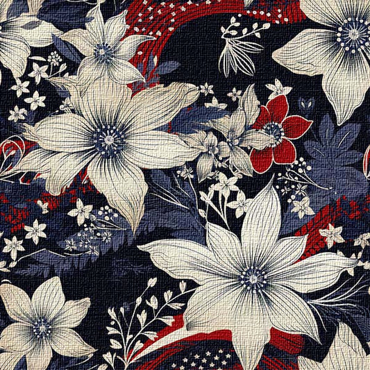 Floral pattern with white, red, and blue flowers on a dark background