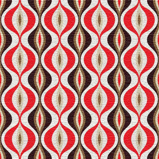Patterned textured wallpaper with red, brown, and beige design