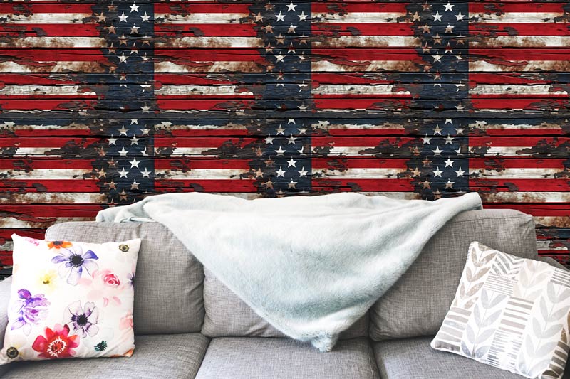 Tattered US Flag on Wood Removable Wallpaper