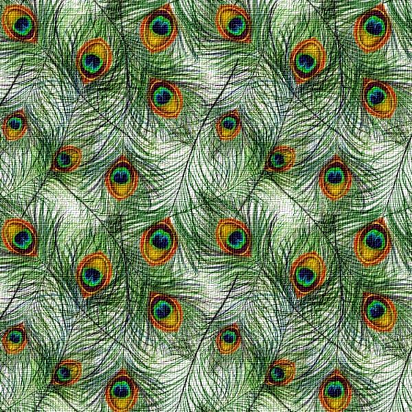  Pattern of peacock feathers with vibrant green, blue, and orange colors on a textured background.