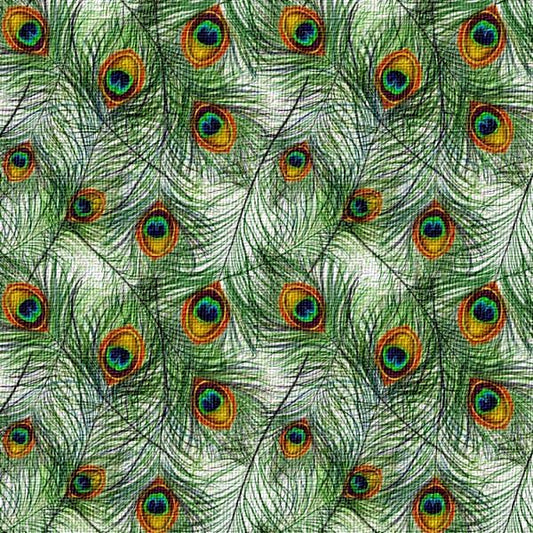  Pattern of peacock feathers with vibrant green, blue, and orange colors on a textured background.