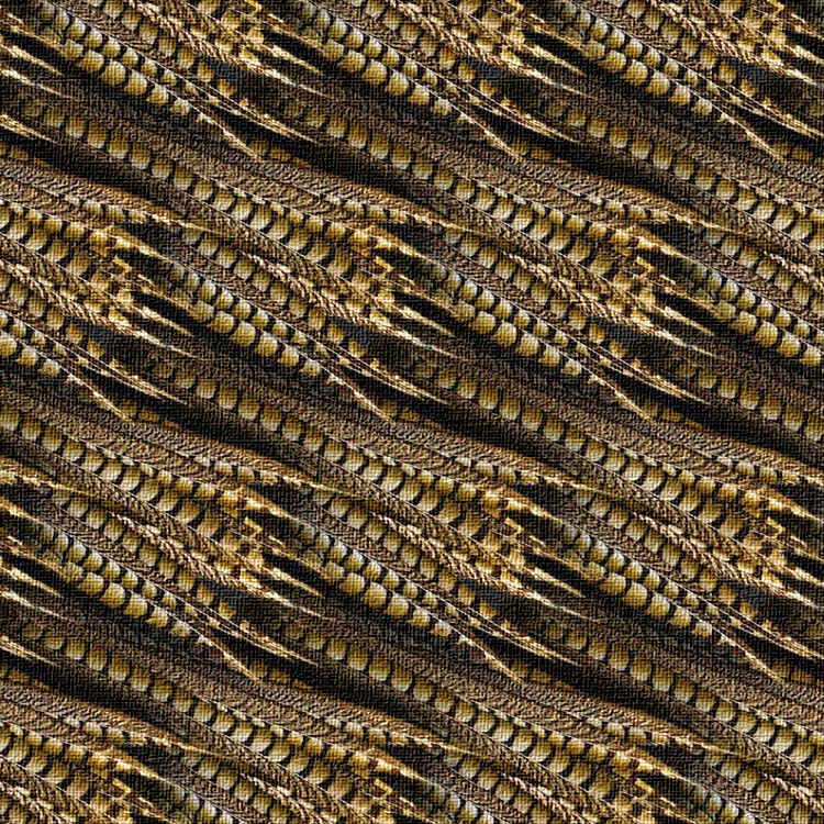 Close-up of a textured wallpaper with a pattern of pheasant Feathers in gold and black.