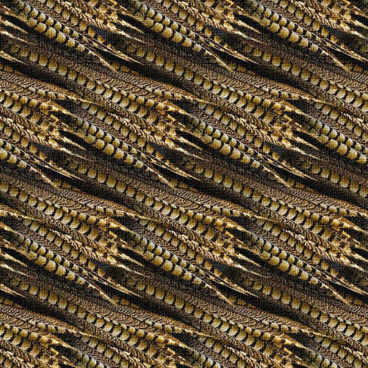 Close-up of a textured wallpaper with a pattern of pheasant Feathers in gold and black.