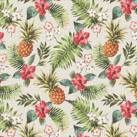 Textured Tropical pattern with pineapples, flowers, and leaves on a light background
