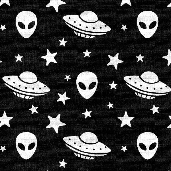 A textured Pattern of white aliens, UFOs, and stars on a black background