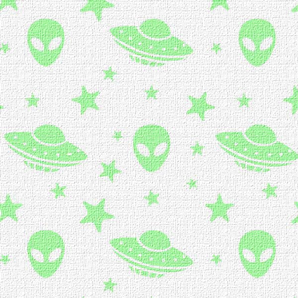 Textured Pattern of green aliens, UFOs, and stars on a white background