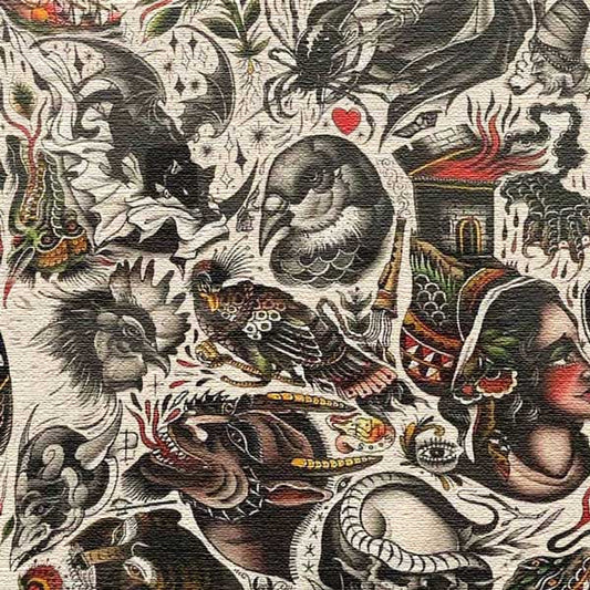 Vintage tattoo-style design with birds, faces, and other elements on a textured background.