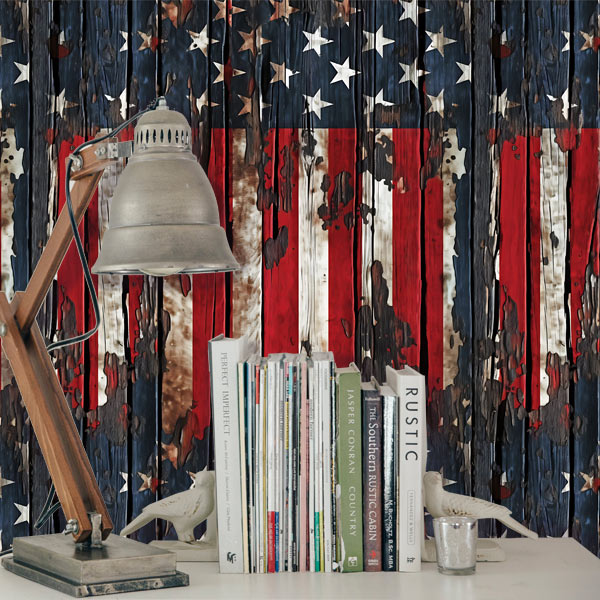 Tattered US Flag on Wood Removable Wallpaper