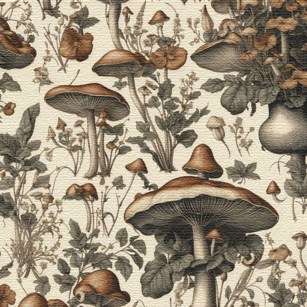 Pattern of mushrooms and foliage on a beige background