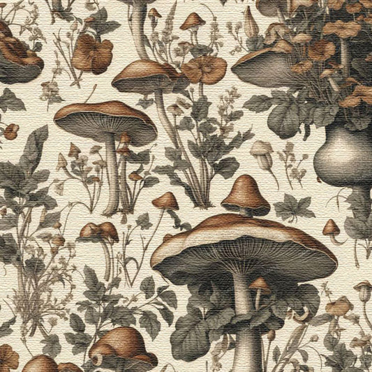 Pattern of mushrooms and foliage on a beige background
