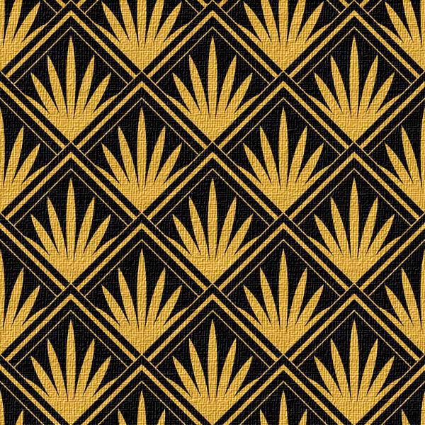 Pattern of yellow palm leaves in a diamond grid on black textured background