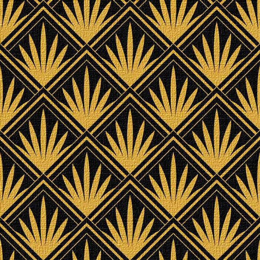 Pattern of yellow palm leaves in a diamond grid on black textured background