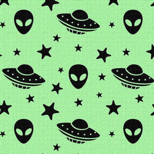 Textured Pattern of black aliens, UFOs, and stars on a green background
